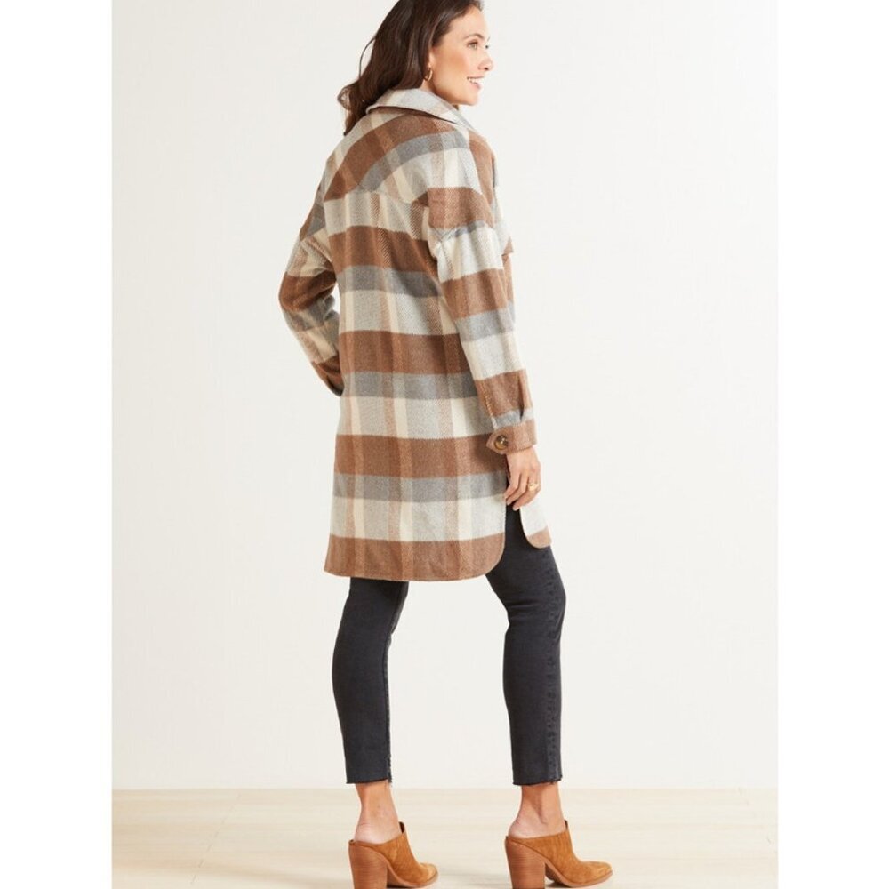 Evereve Raye Plaid Longline Shacket Preppy Academia in Brown/Gray/White XS - Picture 2 of 16